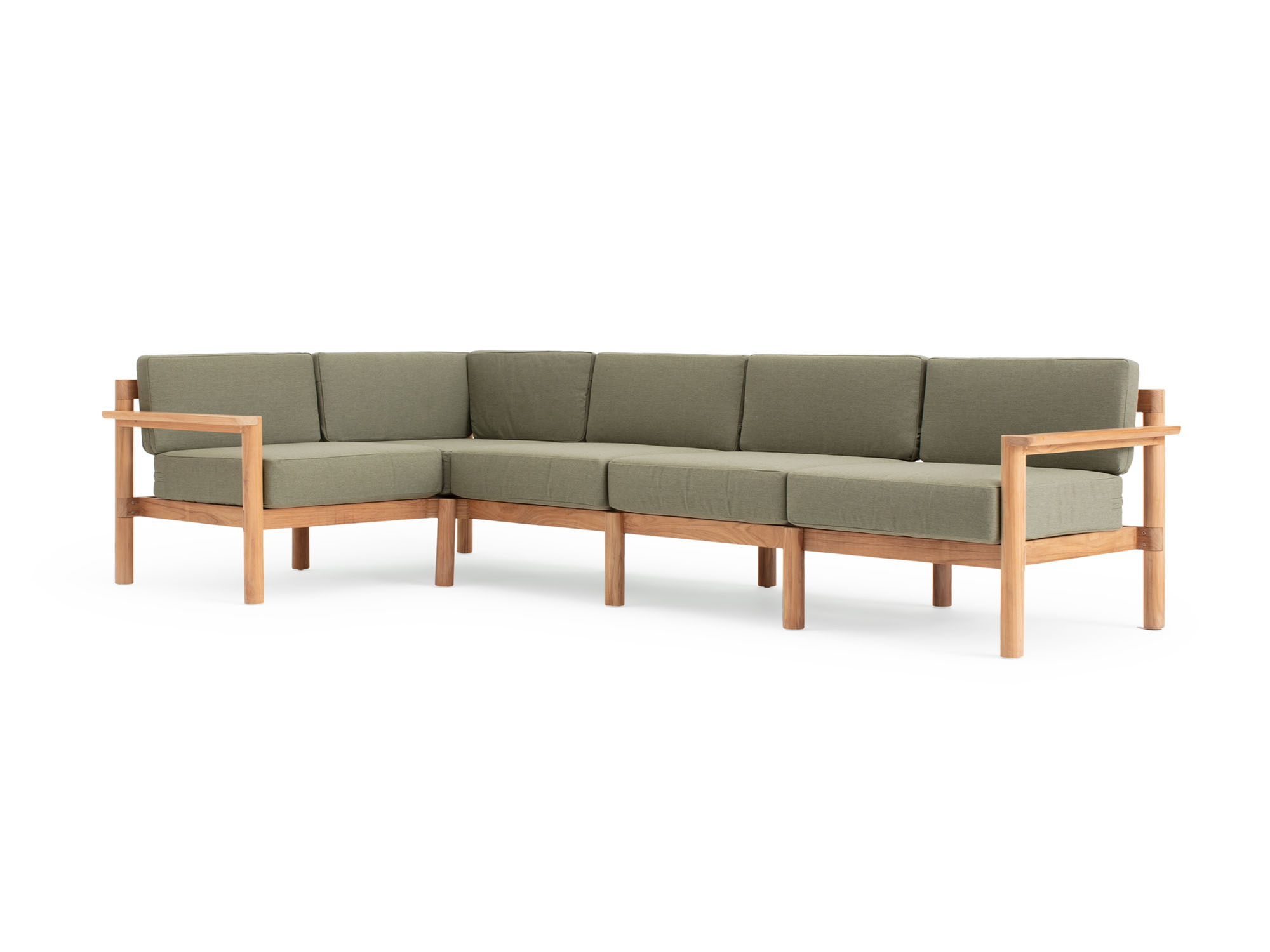 Front angle view of 5-piece outdoor sectional with green cushions